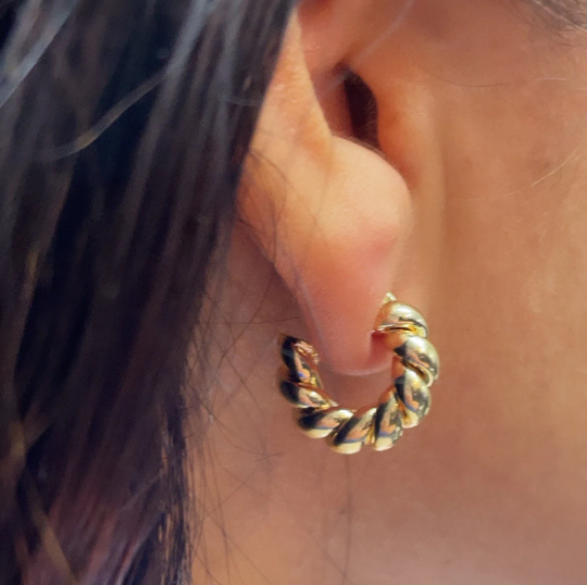 18k Gold Layered Croissant 20mm Twisted Pushback Open Hoop Earring C-Hoop