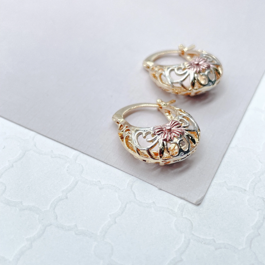 18k Gold Layered Tri-Colored Thick Open Hollow Hoop Earrings With Floral Design