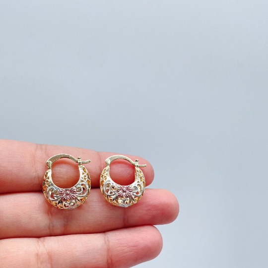 18k Gold Layered Tri-Colored Thick Open Hollow Hoop Earrings With Floral Design