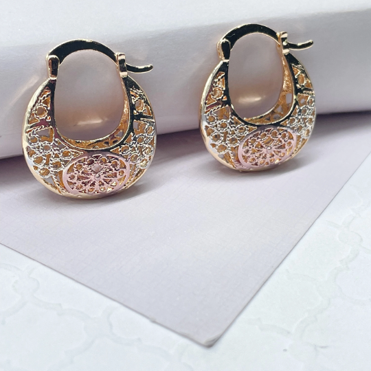 18k Gold Layered Tri-Colored Hollow Big Sized Hoops With See-Through Designs