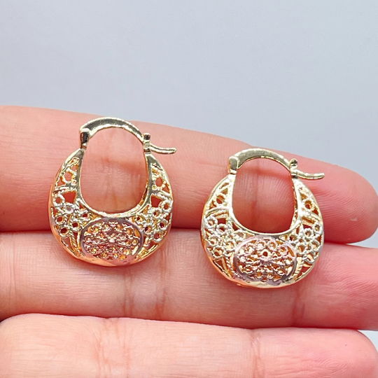 18k Gold Layered Tri-Colored Hollow Big Sized Hoops With See-Through Designs