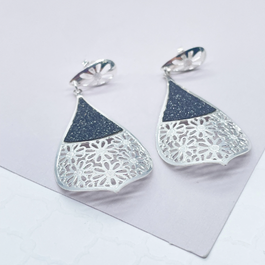 Silver Layered Tear Drop Dangling Earrings with Sparkling Black Detail
