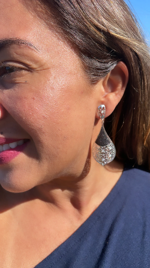 Silver Layered Tear Drop Dangling Earrings with Sparkling Black Detail