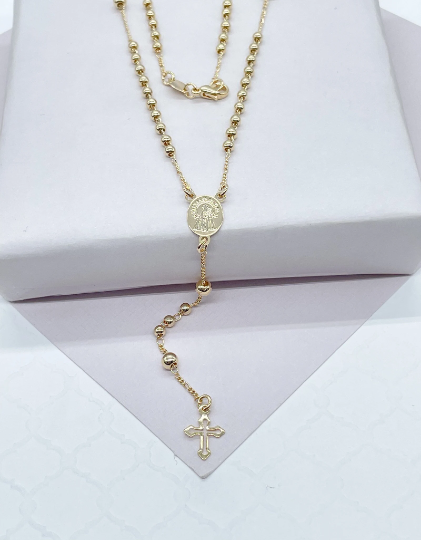 18k Gold Layered 3mm beaded Rosary with small round Virgin Mary Medal and Tiny cross