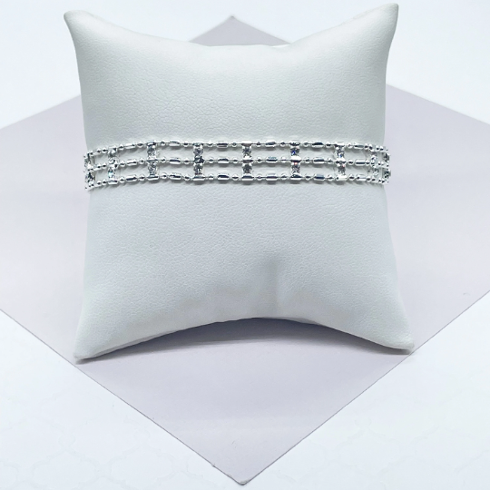 18k Silver Layered Silver 3 layered Dash & Dot Bracelet Patterned With Zirconia Stones