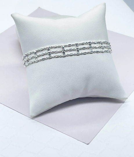 18k Silver Layered Silver 3 layered Dash & Dot Bracelet Patterned With Zirconia Stones