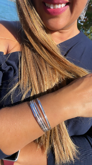 18k Silver Layered Silver Bangle Bracelet With Smooth and Textured Thin Layers