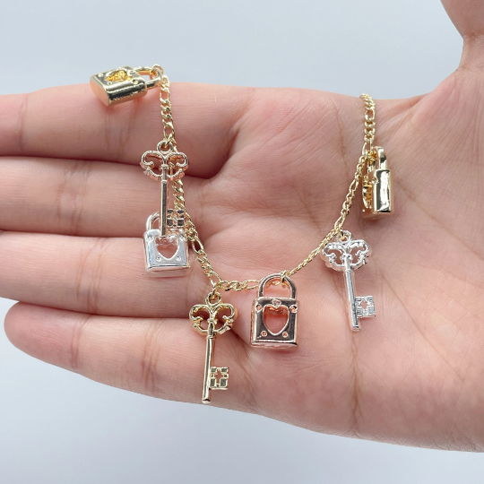 18k Gold Layered Tri-Color Lock & Key Charms Anklet