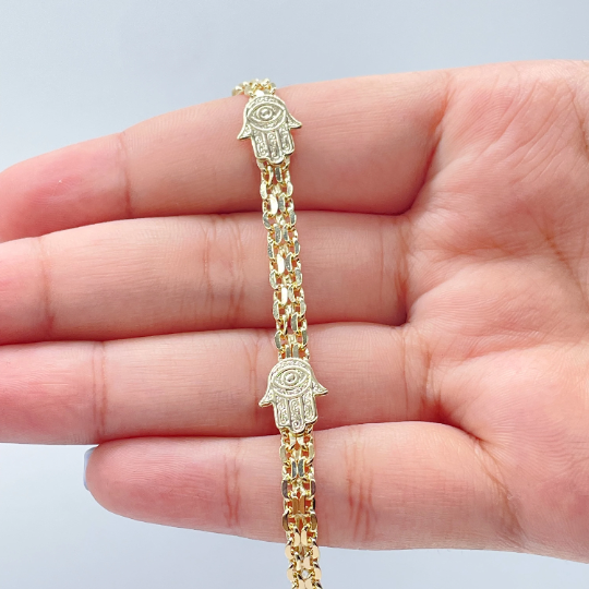 18k Gold Layered Bismarck Chain Bracelet Stamped With Hamsa Hand