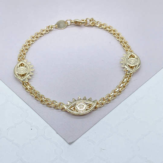 18k Gold Layered Bracelet with three plain Evil Eye Charms