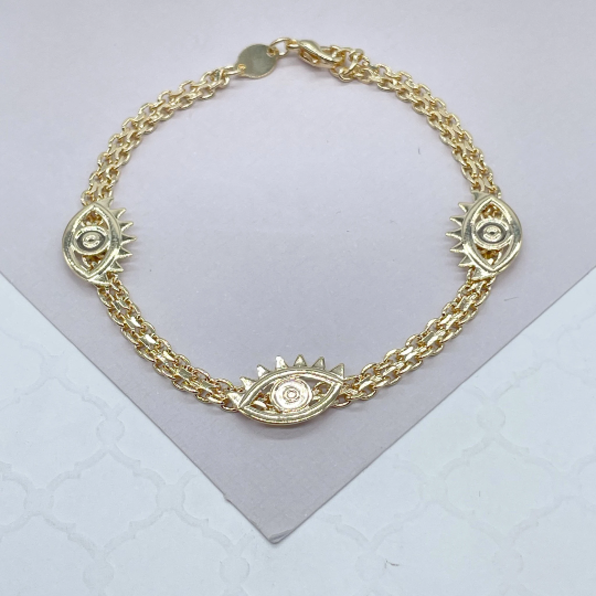 18k Gold Layered Bracelet with three plain Evil Eye Charms