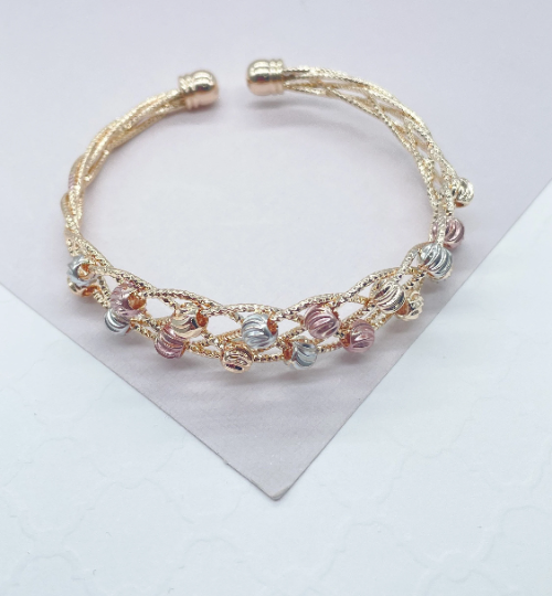18k Gold Layered Tri-Color Open Ended Braided Bangles With Beads