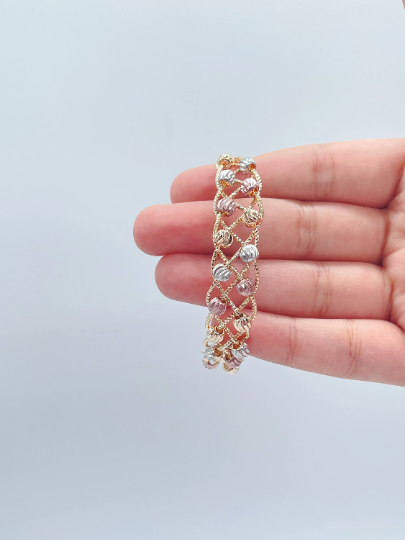18k Gold Layered Tri-Color Open Ended Braided Bangles With Beads