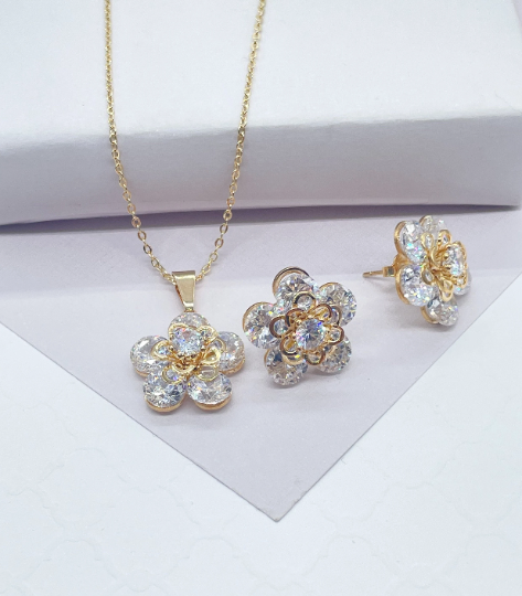 18k Gold Layered Extra Shinny Zirconia Flower Set, Daisy Zirconia Flower