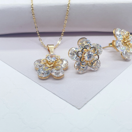 18k Gold Layered Extra Shinny Zirconia Flower Set, Daisy Zirconia Flower