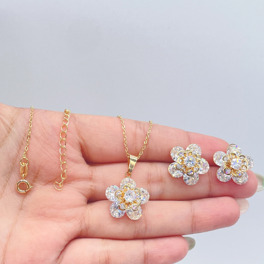 18k Gold Layered Extra Shinny Zirconia Flower Set, Daisy Zirconia Flower