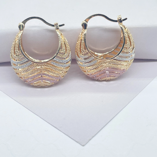 18k Gold Layered Tri-Color Wavy Patterned Basket Shape Hoop Earrings