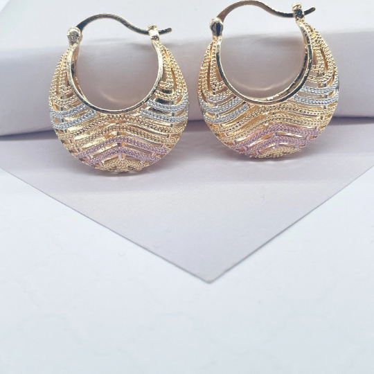 18k Gold Layered Tri-Color Wavy Patterned Basket Shape Hoop Earrings