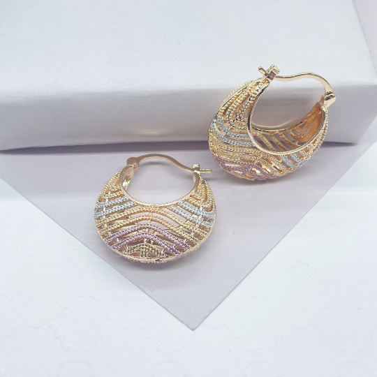 18k Gold Layered Tri-Color Wavy Patterned Basket Shape Hoop Earrings