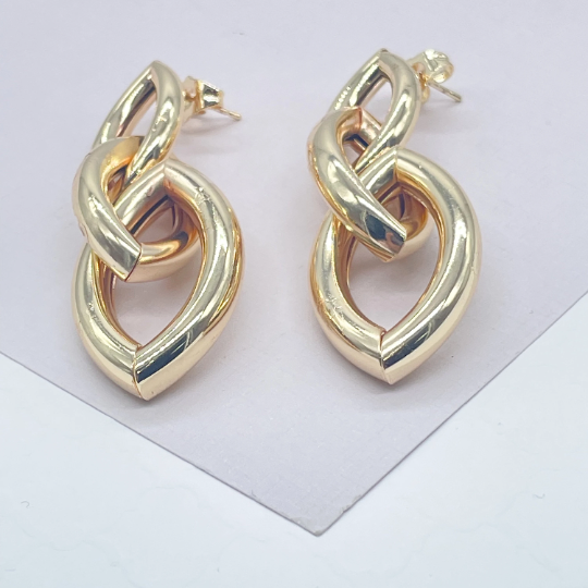 18k Gold Layered Single Long Oval Chunky Link Earrings
