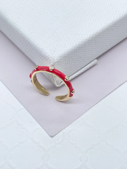 18k Gold Layered Colorful Enamel Stackable Rings With Small Stones