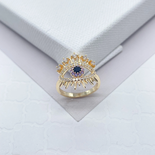 18k Gold Layered Evil Eye Ring Crowned Featuring Multi Color Zirconia Stones Or Clear Cubic Zirconia, Protection Ring, Jewelry