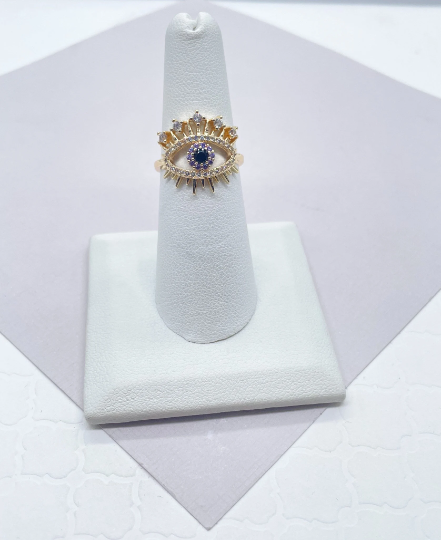 18k Gold Layered Evil Eye Ring Crowned Featuring Multi Color Zirconia Stones Or Clear Cubic Zirconia, Protection Ring, Jewelry