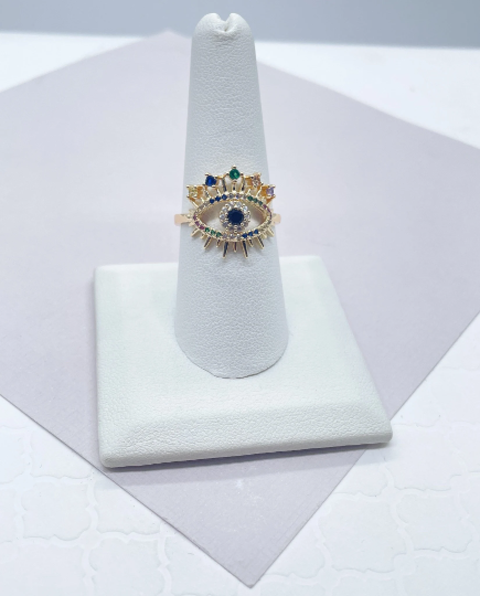 18k Gold Layered Evil Eye Ring Crowned Featuring Multi Color Zirconia Stones Or Clear Cubic Zirconia, Protection Ring, Jewelry
