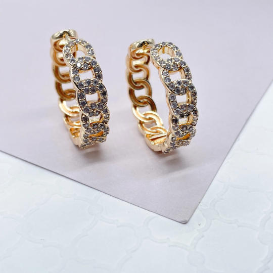 18k Gold Layered Pave Link Hoop Earrings Wholesale Jewelry Making Supplies