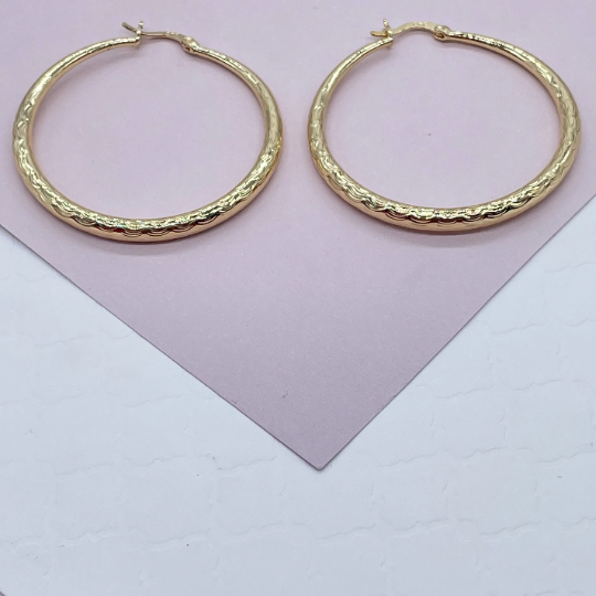 18k Gold Layered Ocean Wave Textured Hoop Earrings 50 mm Diameter And Jewelry Making Supplies