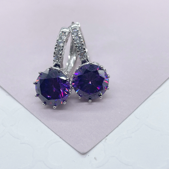 Elegant 18k Silver Layered 9mm Colorful Zirconia Lever Back Earrings Featuring Clear CZ Details
