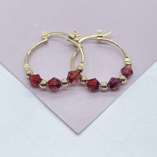 18k Gold Layered Thin Hoop Earrings With Diamond Shape Maroon Acrylic And Mini Gold Beads