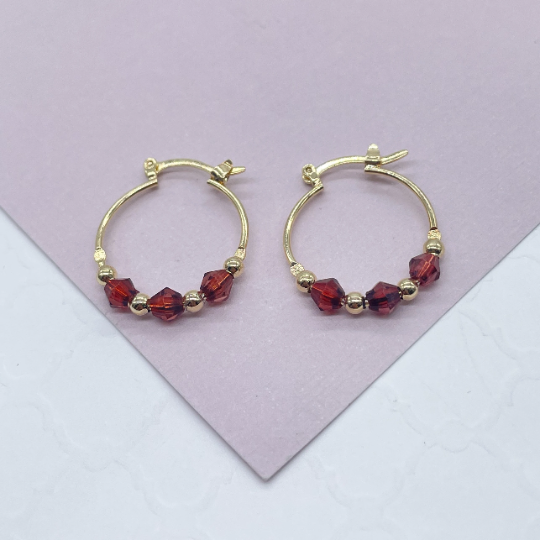 18k Gold Layered Thin Hoop Earrings With Diamond Shape Maroon Acrylic And Mini Gold Beads