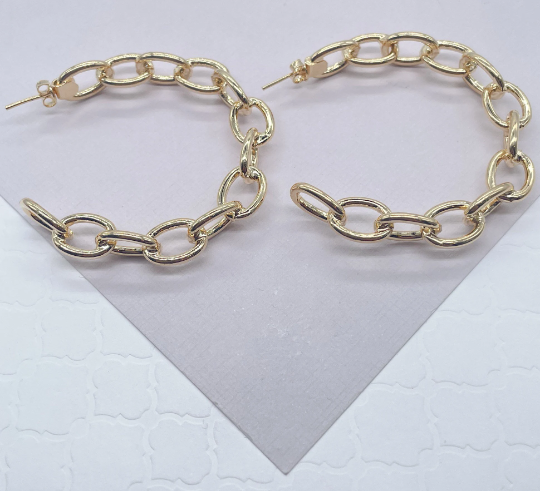 18k Gold Layered Link Chain Hoop Earrings, C-Hoops Large Cable Chain Link Style