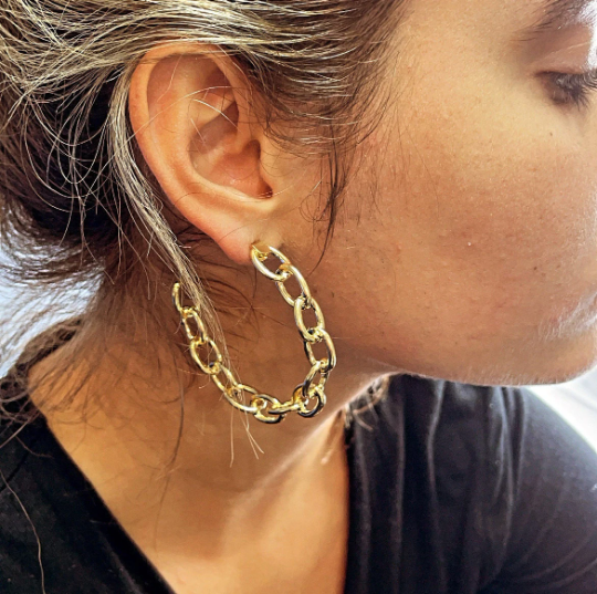 18k Gold Layered Link Chain Hoop Earrings, C-Hoops Large Cable Chain Link Style