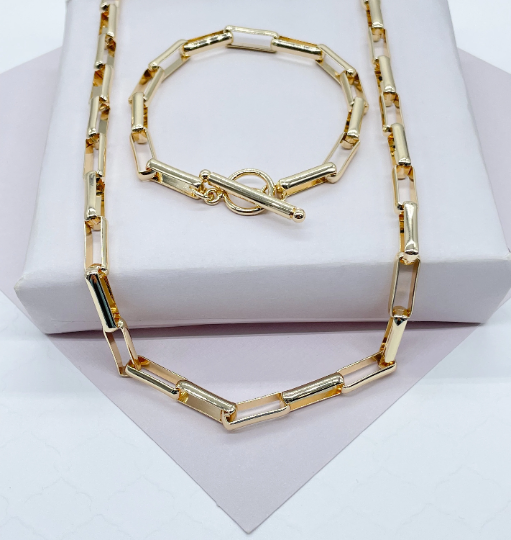 18k Gold Layered Smooth Long Paper Clip Set With Toggle Enclosure