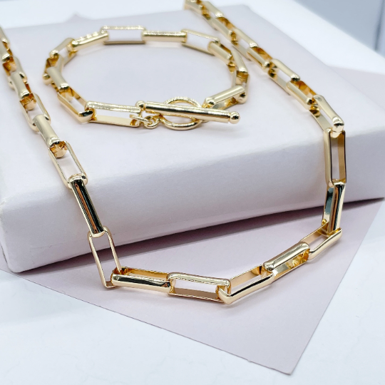 18k Gold Layered Smooth Long Paper Clip Set With Toggle Enclosure