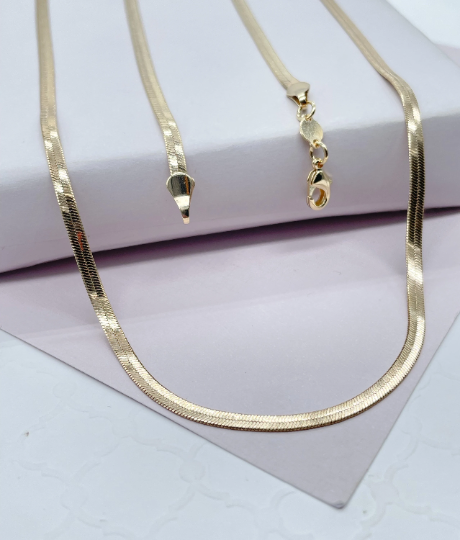 18k Gold Layered Simple Thin 3mm Herringbone Chain