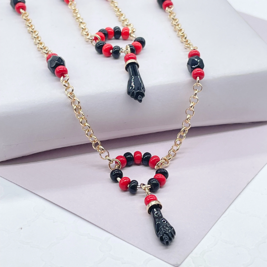 18k Gold Layered Azabache Hand Set With Red and Black Beads jewelry Making Supplies