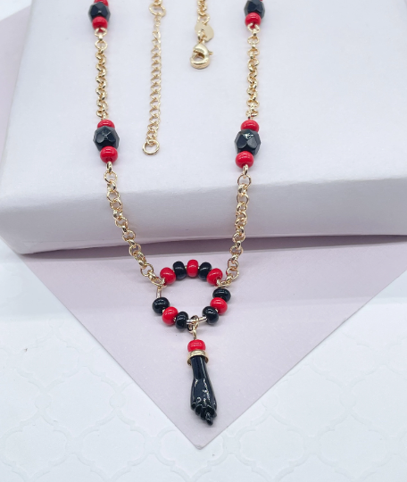 18k Gold Layered Azabache Hand Set With Red and Black Beads jewelry Making Supplies