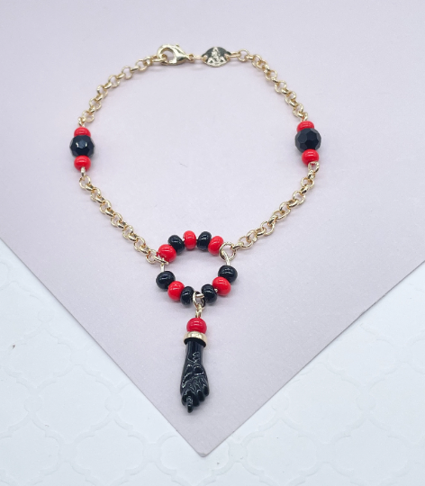 18k Gold Layered Azabache Hand Set With Red and Black Beads jewelry Making Supplies