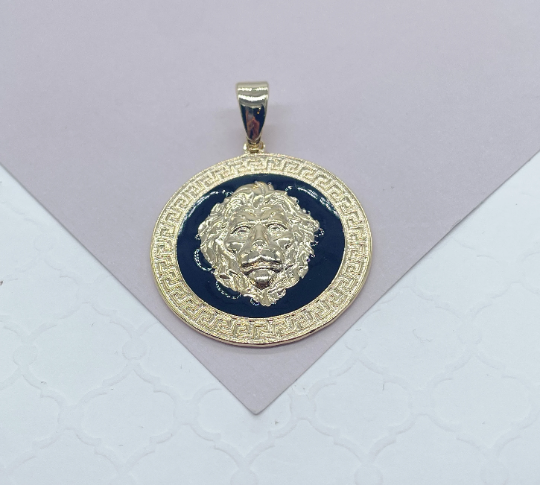 18k Gold Layered Greek Pattern Engraved Circle Pendant Featuring Lions Head and Black Enamel Plate