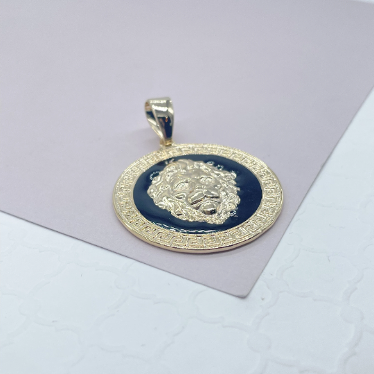18k Gold Layered Greek Pattern Engraved Circle Pendant Featuring Lions Head and Black Enamel Plate