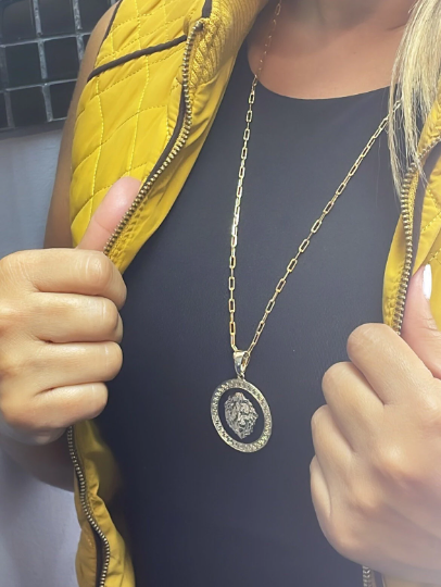 18k Gold Layered Greek Pattern Engraved Circle Pendant Featuring Lions Head and Black Enamel Plate