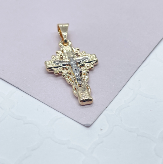 18k Gold Layered Crucifix Cross Featuring Silver Jesus Engraved Pendant