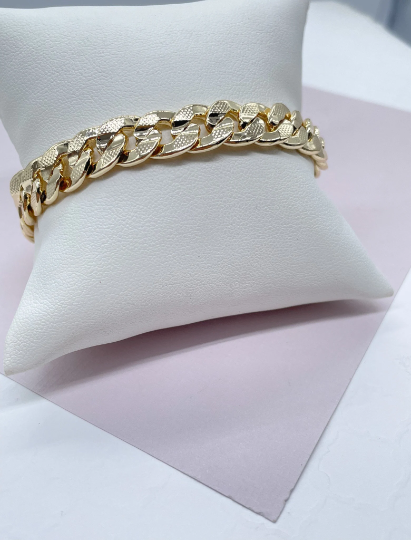 18k Gold Layered Thick Carved Cuban Link Bracelet 9.5mm