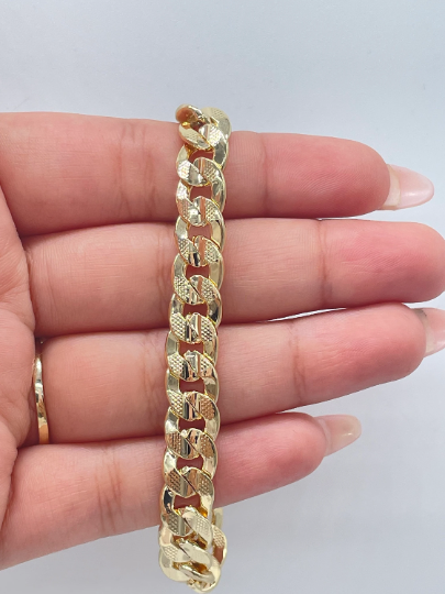 18k Gold Layered Thick Carved Cuban Link Bracelet 9.5mm