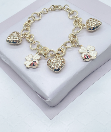18k Gold Layered Textured Link Charm Bracelet With Puffy Heart, Lady Bug & Flower Charms Wholesale Jewelry
