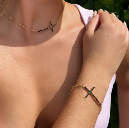 Sideways 18k Gold Layered Cross Necklace And Bracelet, Featuring Zirconia Ruby, Jet or Clear, Horizontal Cross Bracelet Necklace