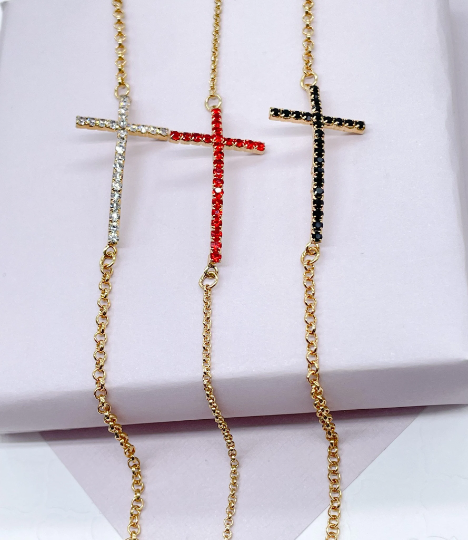 Sideways 18k Gold Layered Cross Necklace And Bracelet, Featuring Zirconia Ruby, Jet or Clear, Horizontal Cross Bracelet Necklace